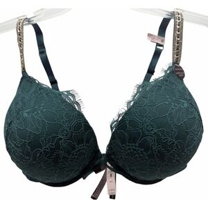 Victoria's Secret Bombshell Shine Chain Strap Push-up Bra Deep Green Lace 38DD